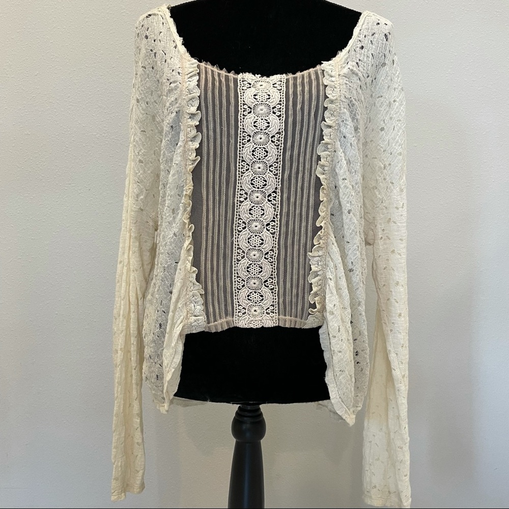 Free People Ivory Lace Embroidered Long Sleeve Top